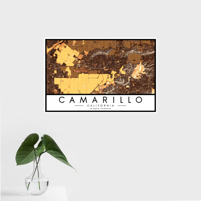 16x24 Camarillo California Map Print Landscape Orientation in Ember Style With Tropical Plant Leaves in Water