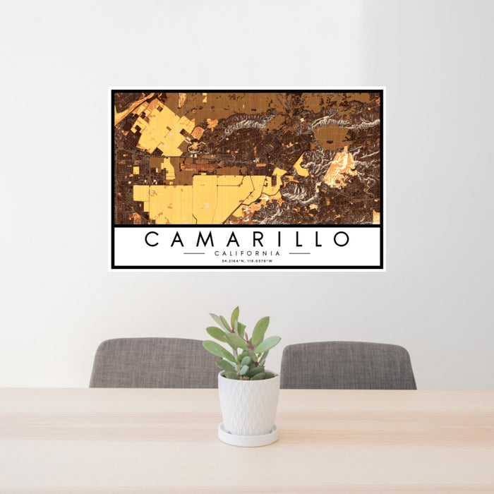 24x36 Camarillo California Map Print Landscape Orientation in Ember Style Behind 2 Chairs Table and Potted Plant