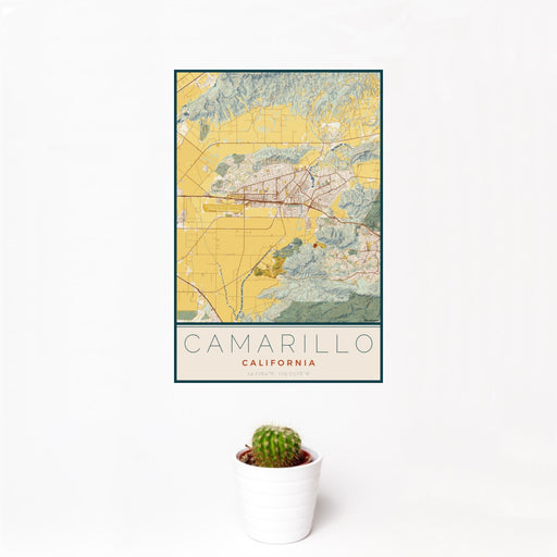 12x18 Camarillo California Map Print Portrait Orientation in Woodblock Style With Small Cactus Plant in White Planter