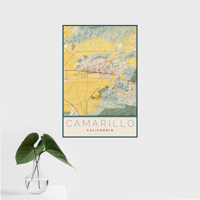 16x24 Camarillo California Map Print Portrait Orientation in Woodblock Style With Tropical Plant Leaves in Water