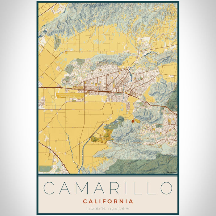 Camarillo California Map Print Portrait Orientation in Woodblock Style With Shaded Background