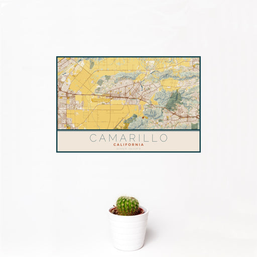 12x18 Camarillo California Map Print Landscape Orientation in Woodblock Style With Small Cactus Plant in White Planter