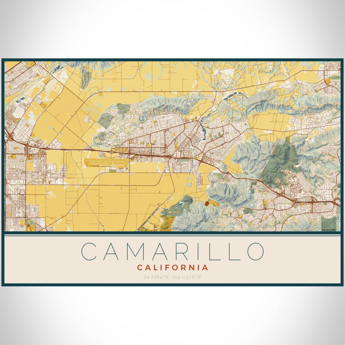 Camarillo California Map Print Landscape Orientation in Woodblock Style With Shaded Background