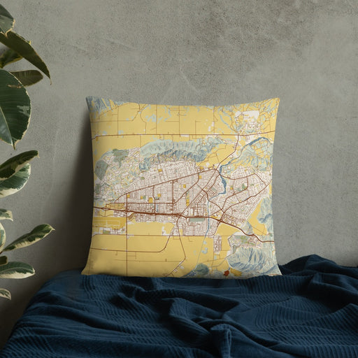Custom Camarillo California Map Throw Pillow in Woodblock on Bedding Against Wall