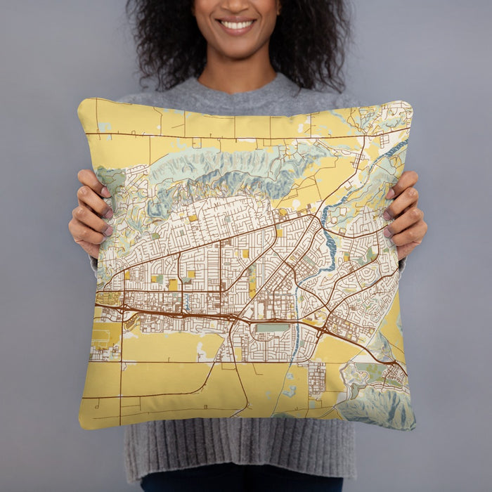 Person holding 18x18 Custom Camarillo California Map Throw Pillow in Woodblock