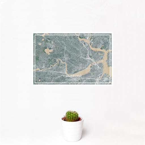 12x18 Cambridge Massachusetts Map Print Landscape Orientation in Afternoon Style With Small Cactus Plant in White Planter