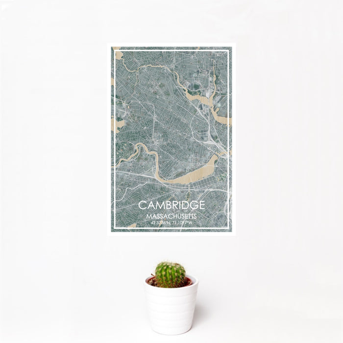 12x18 Cambridge Massachusetts Map Print Portrait Orientation in Afternoon Style With Small Cactus Plant in White Planter