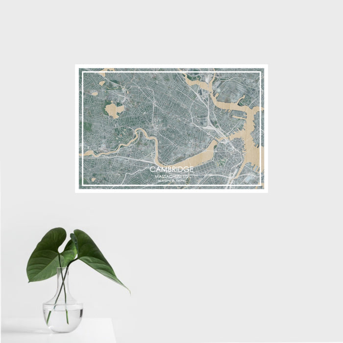16x24 Cambridge Massachusetts Map Print Landscape Orientation in Afternoon Style With Tropical Plant Leaves in Water