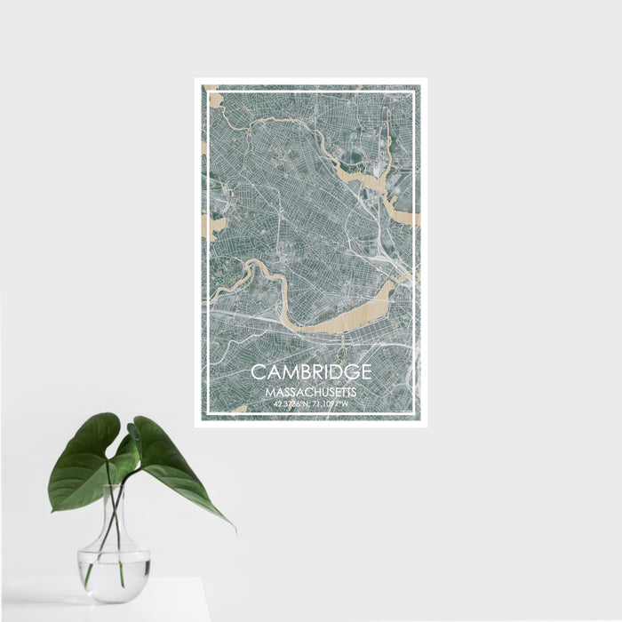 16x24 Cambridge Massachusetts Map Print Portrait Orientation in Afternoon Style With Tropical Plant Leaves in Water
