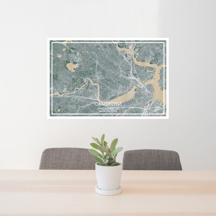 24x36 Cambridge Massachusetts Map Print Lanscape Orientation in Afternoon Style Behind 2 Chairs Table and Potted Plant