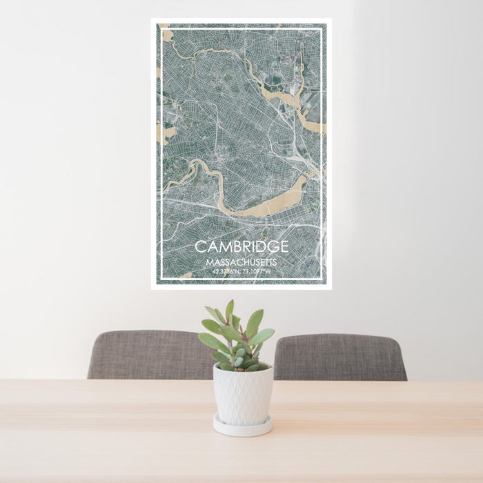 24x36 Cambridge Massachusetts Map Print Portrait Orientation in Afternoon Style Behind 2 Chairs Table and Potted Plant