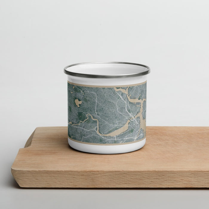 Front View Custom Cambridge Massachusetts Map Enamel Mug in Afternoon on Cutting Board