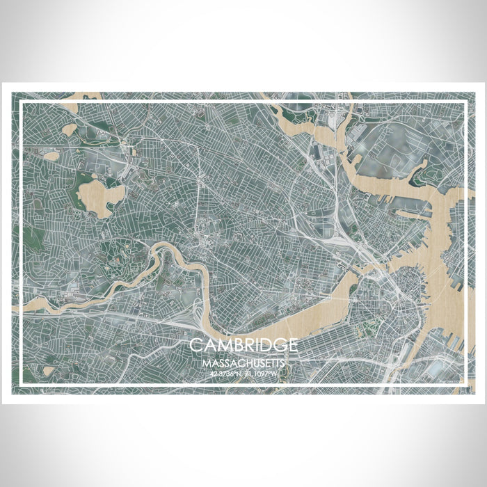 Cambridge Massachusetts Map Print Landscape Orientation in Afternoon Style With Shaded Background