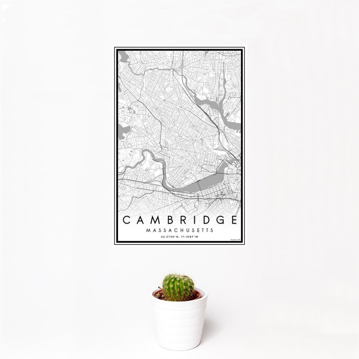 12x18 Cambridge Massachusetts Map Print Portrait Orientation in Classic Style With Small Cactus Plant in White Planter