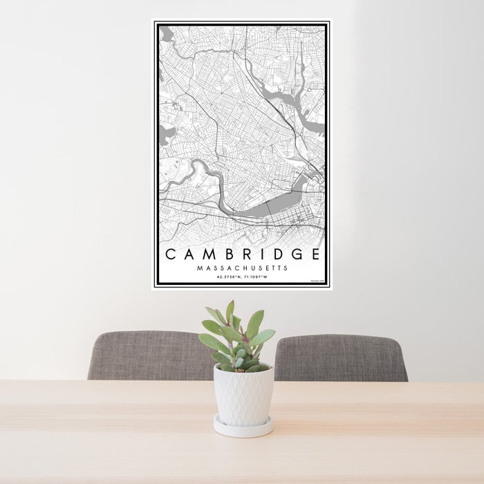 24x36 Cambridge Massachusetts Map Print Portrait Orientation in Classic Style Behind 2 Chairs Table and Potted Plant