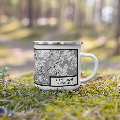 Right View Custom Cambridge Massachusetts Map Enamel Mug in Classic on Grass With Trees in Background