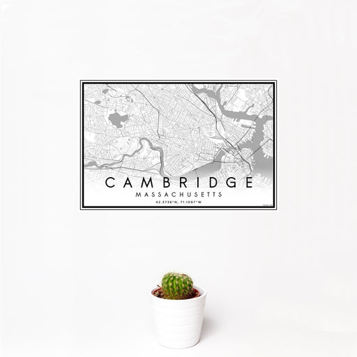 12x18 Cambridge Massachusetts Map Print Landscape Orientation in Classic Style With Small Cactus Plant in White Planter