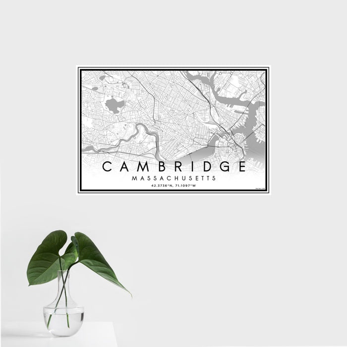 16x24 Cambridge Massachusetts Map Print Landscape Orientation in Classic Style With Tropical Plant Leaves in Water