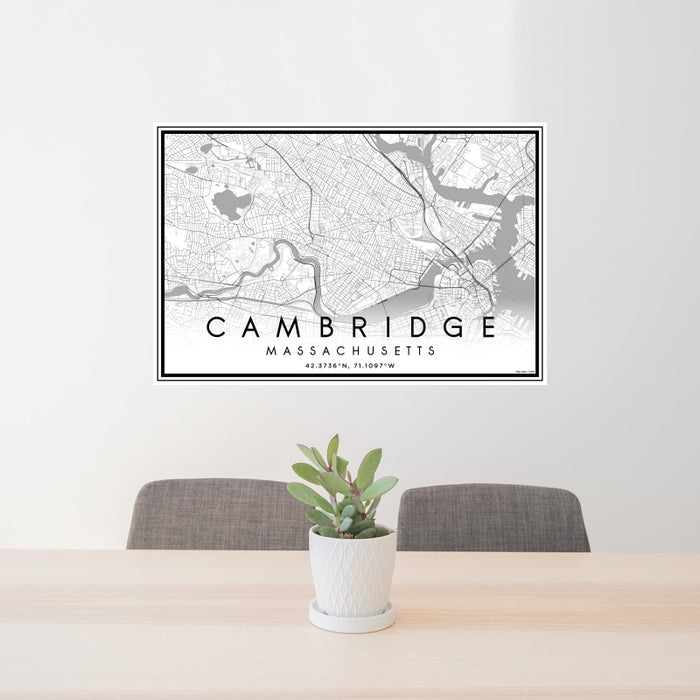 24x36 Cambridge Massachusetts Map Print Landscape Orientation in Classic Style Behind 2 Chairs Table and Potted Plant