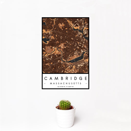 12x18 Cambridge Massachusetts Map Print Portrait Orientation in Ember Style With Small Cactus Plant in White Planter