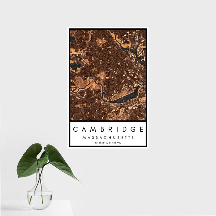 16x24 Cambridge Massachusetts Map Print Portrait Orientation in Ember Style With Tropical Plant Leaves in Water