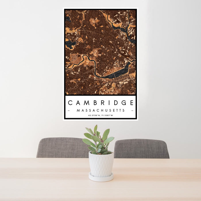 24x36 Cambridge Massachusetts Map Print Portrait Orientation in Ember Style Behind 2 Chairs Table and Potted Plant