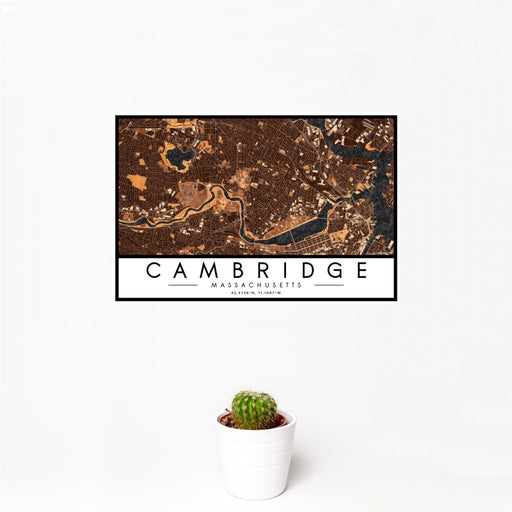 12x18 Cambridge Massachusetts Map Print Landscape Orientation in Ember Style With Small Cactus Plant in White Planter