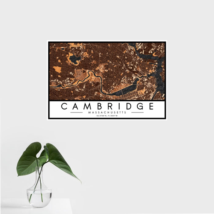 16x24 Cambridge Massachusetts Map Print Landscape Orientation in Ember Style With Tropical Plant Leaves in Water