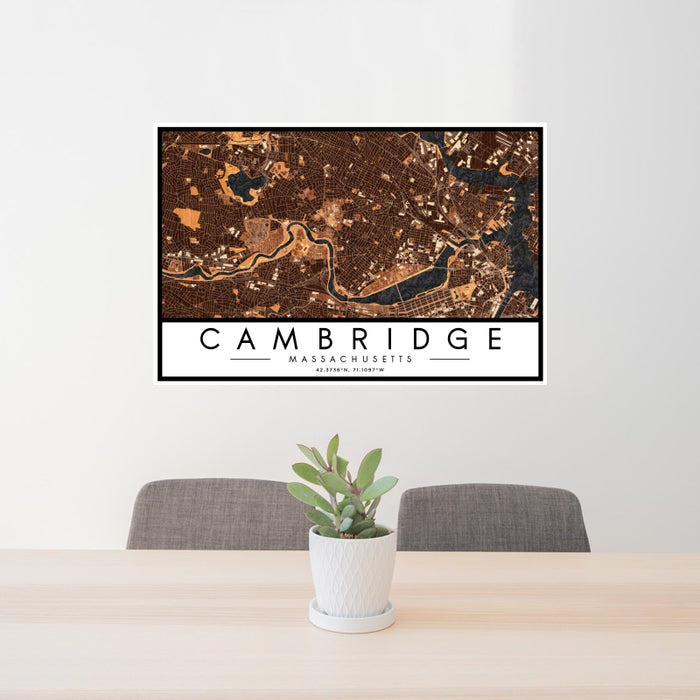 24x36 Cambridge Massachusetts Map Print Landscape Orientation in Ember Style Behind 2 Chairs Table and Potted Plant