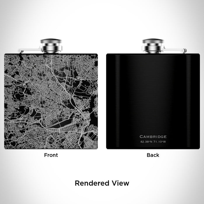 Rendered View of Cambridge Massachusetts Map Engraving on 6oz Stainless Steel Flask in Black