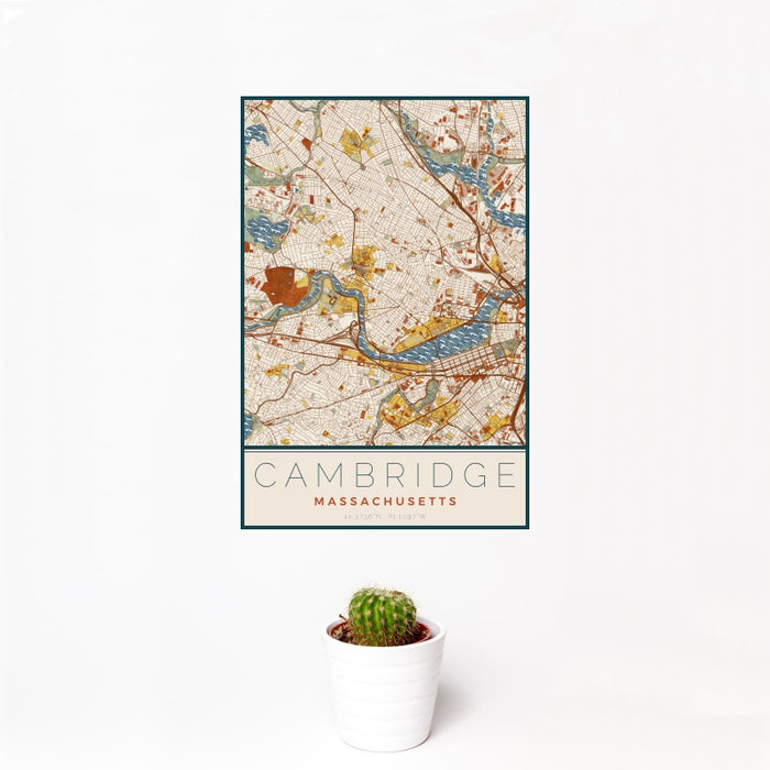 12x18 Cambridge Massachusetts Map Print Portrait Orientation in Woodblock Style With Small Cactus Plant in White Planter