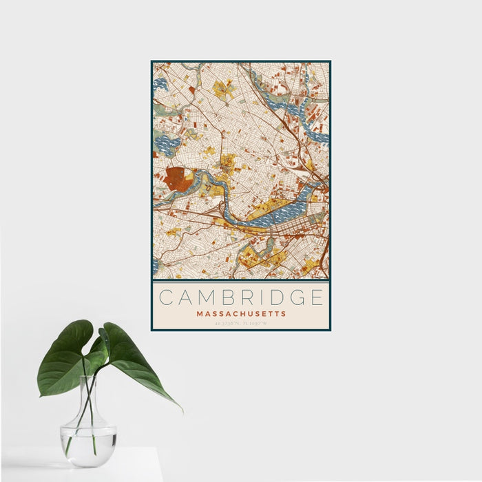 16x24 Cambridge Massachusetts Map Print Portrait Orientation in Woodblock Style With Tropical Plant Leaves in Water