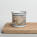 Front View Custom Cambridge Massachusetts Map Enamel Mug in Woodblock on Cutting Board