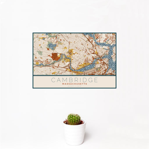 12x18 Cambridge Massachusetts Map Print Landscape Orientation in Woodblock Style With Small Cactus Plant in White Planter