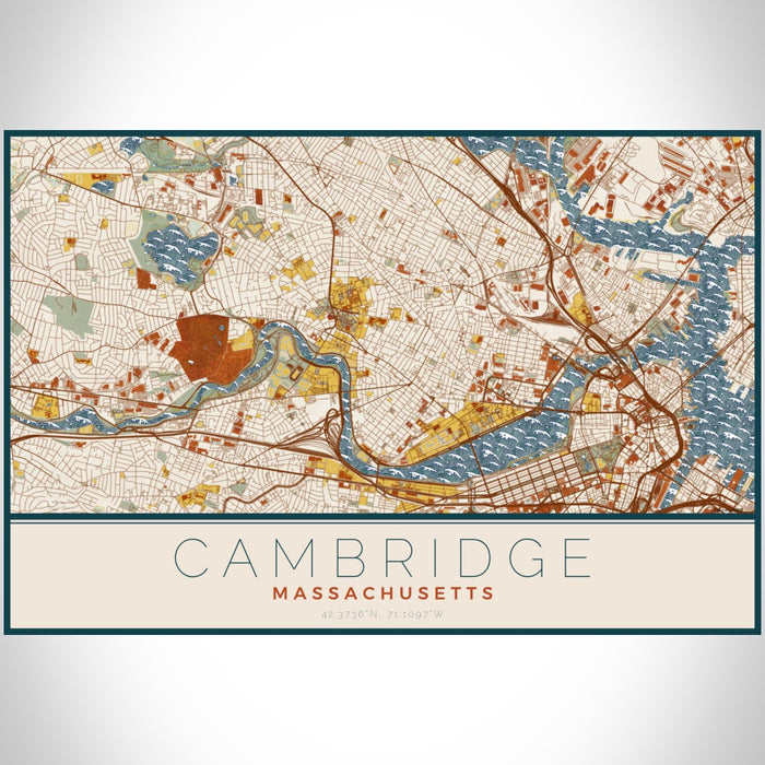 Cambridge Massachusetts Map Print Landscape Orientation in Woodblock Style With Shaded Background