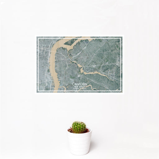12x18 Camden New Jersey Map Print Landscape Orientation in Afternoon Style With Small Cactus Plant in White Planter