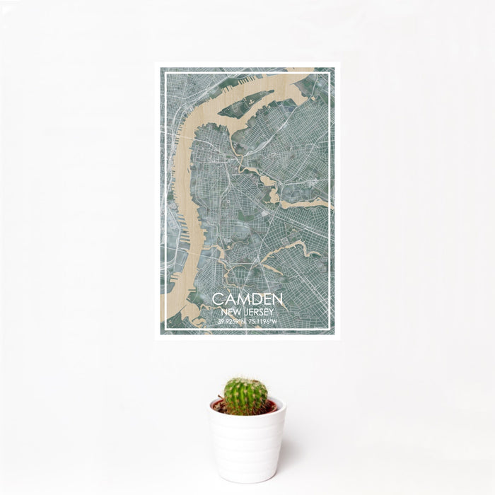 12x18 Camden New Jersey Map Print Portrait Orientation in Afternoon Style With Small Cactus Plant in White Planter