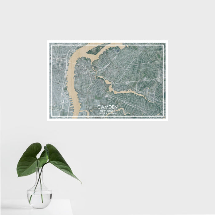 16x24 Camden New Jersey Map Print Landscape Orientation in Afternoon Style With Tropical Plant Leaves in Water