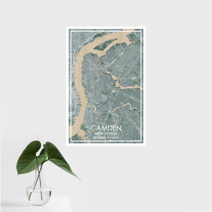 16x24 Camden New Jersey Map Print Portrait Orientation in Afternoon Style With Tropical Plant Leaves in Water