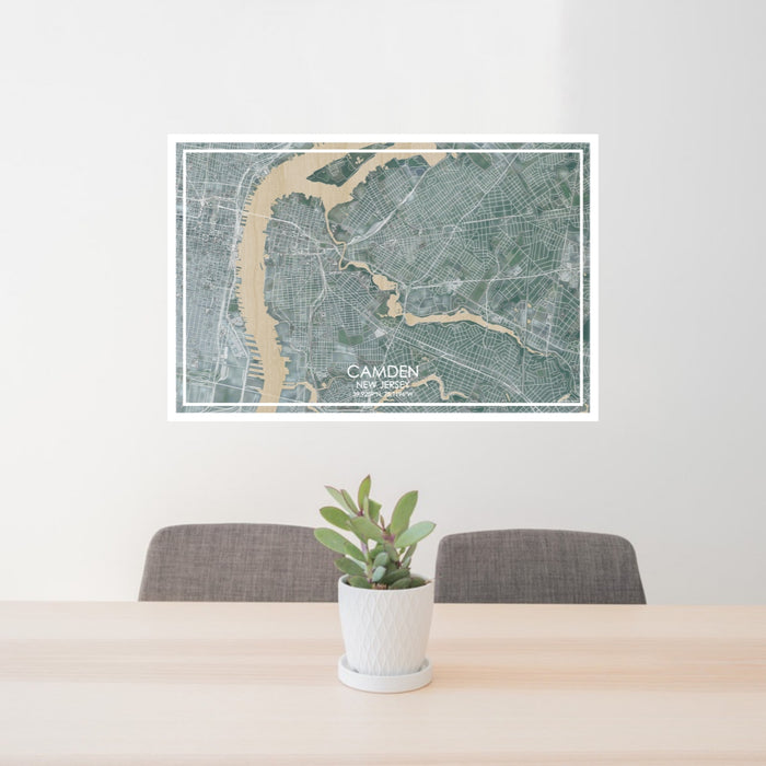 24x36 Camden New Jersey Map Print Lanscape Orientation in Afternoon Style Behind 2 Chairs Table and Potted Plant