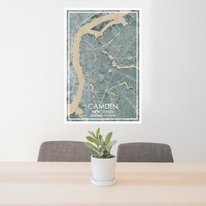 24x36 Camden New Jersey Map Print Portrait Orientation in Afternoon Style Behind 2 Chairs Table and Potted Plant