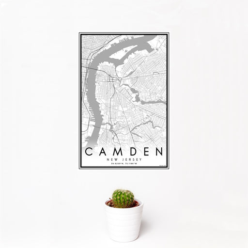 12x18 Camden New Jersey Map Print Portrait Orientation in Classic Style With Small Cactus Plant in White Planter