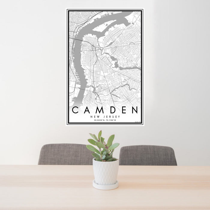 24x36 Camden New Jersey Map Print Portrait Orientation in Classic Style Behind 2 Chairs Table and Potted Plant
