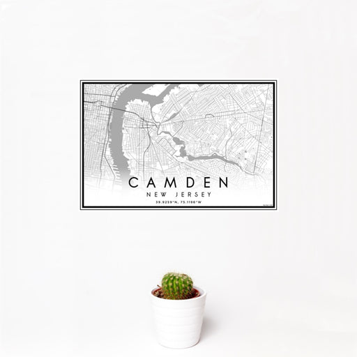 12x18 Camden New Jersey Map Print Landscape Orientation in Classic Style With Small Cactus Plant in White Planter