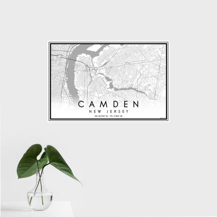 16x24 Camden New Jersey Map Print Landscape Orientation in Classic Style With Tropical Plant Leaves in Water