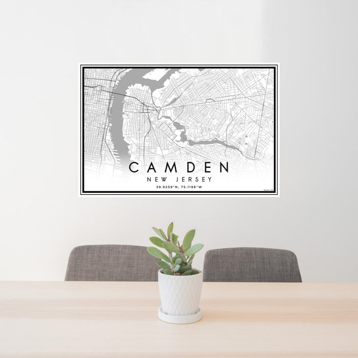 24x36 Camden New Jersey Map Print Landscape Orientation in Classic Style Behind 2 Chairs Table and Potted Plant
