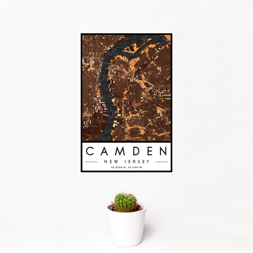 12x18 Camden New Jersey Map Print Portrait Orientation in Ember Style With Small Cactus Plant in White Planter