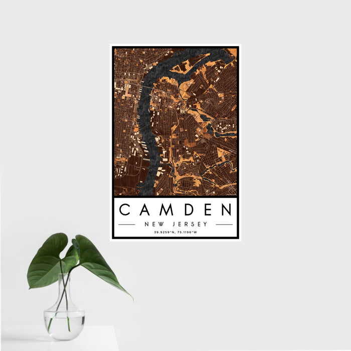 16x24 Camden New Jersey Map Print Portrait Orientation in Ember Style With Tropical Plant Leaves in Water