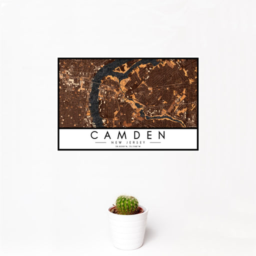 12x18 Camden New Jersey Map Print Landscape Orientation in Ember Style With Small Cactus Plant in White Planter