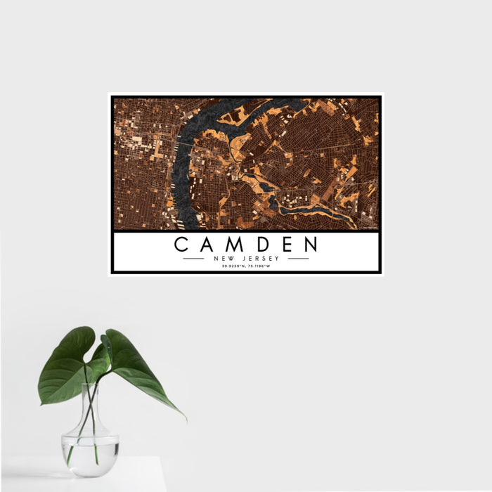 16x24 Camden New Jersey Map Print Landscape Orientation in Ember Style With Tropical Plant Leaves in Water